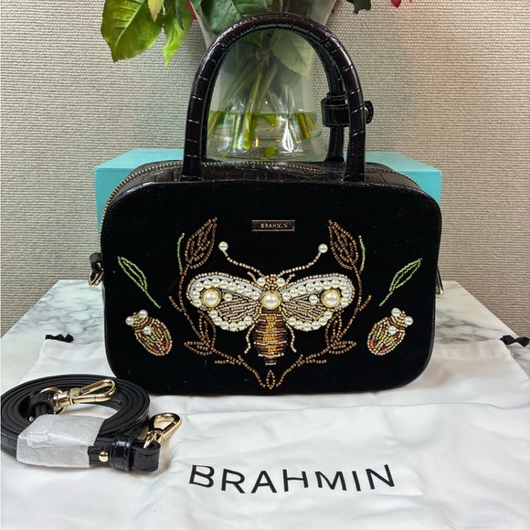 Brahmin Handbags - Brahmin Mara Black Attenborough Velvet & Croc Embossed Pearl & Bead Embellished